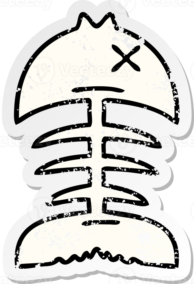 distressed sticker of a quirky hand drawn cartoon dead fish bone png
