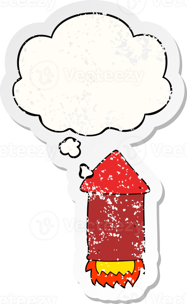 cartoon rocket with thought bubble as a distressed worn sticker png