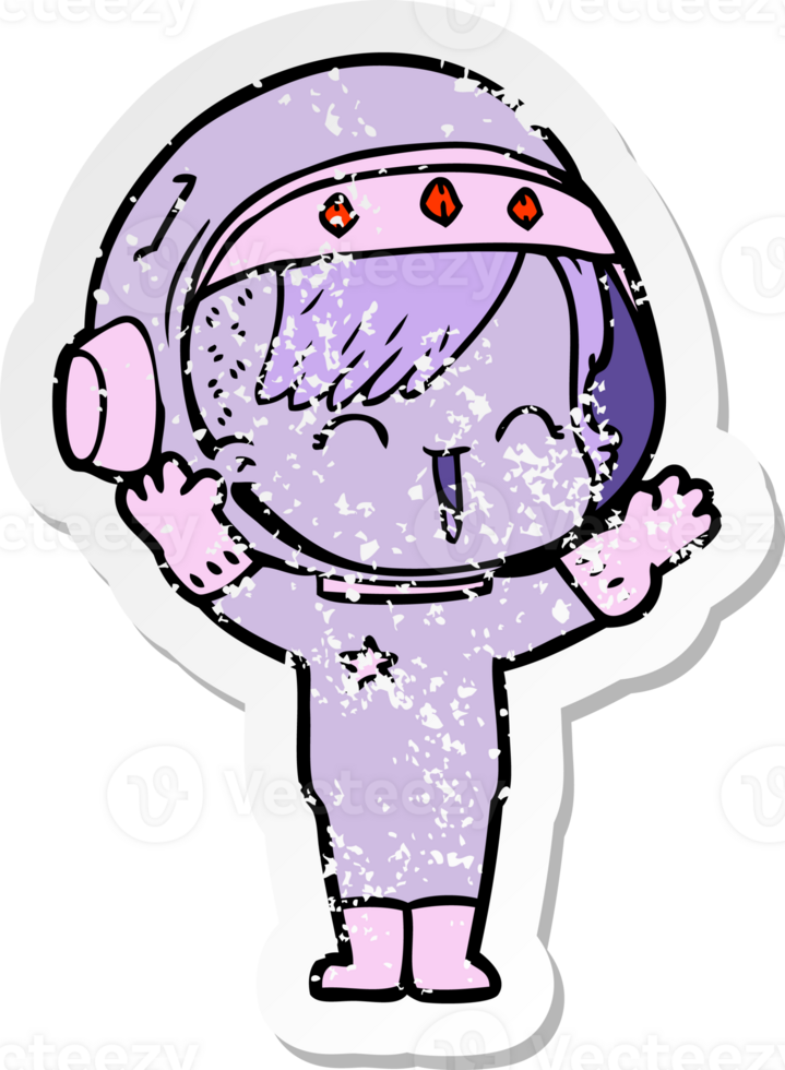 distressed sticker of a cartoon laughing astronaut girl png