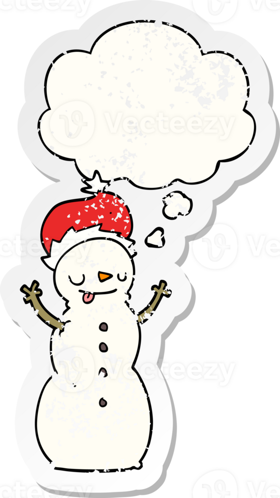 cartoon christmas snowman with thought bubble as a distressed worn sticker png