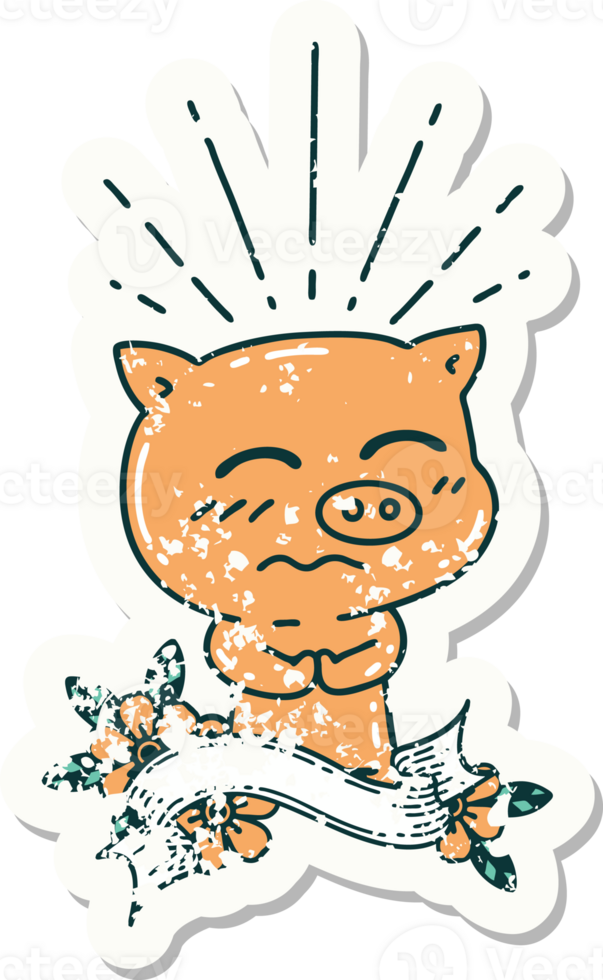 worn old sticker of a tattoo style nervous pig character png