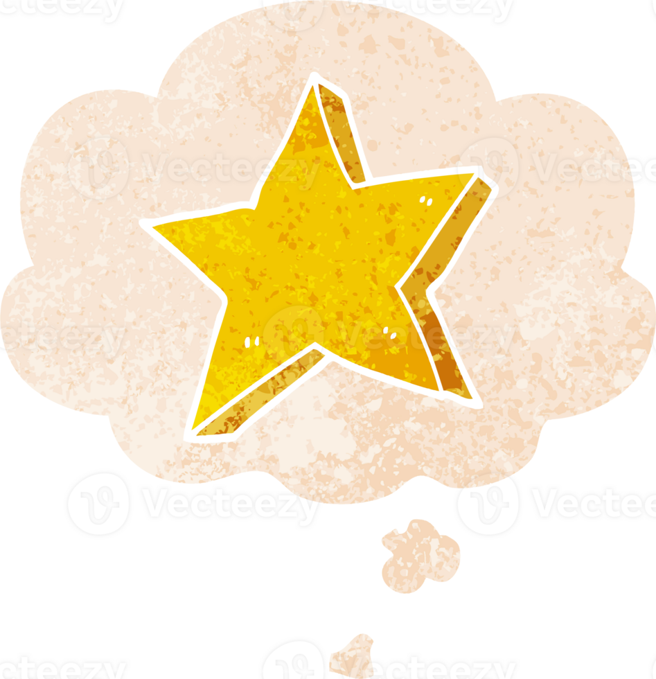 cartoon star with thought bubble in grunge distressed retro textured style png
