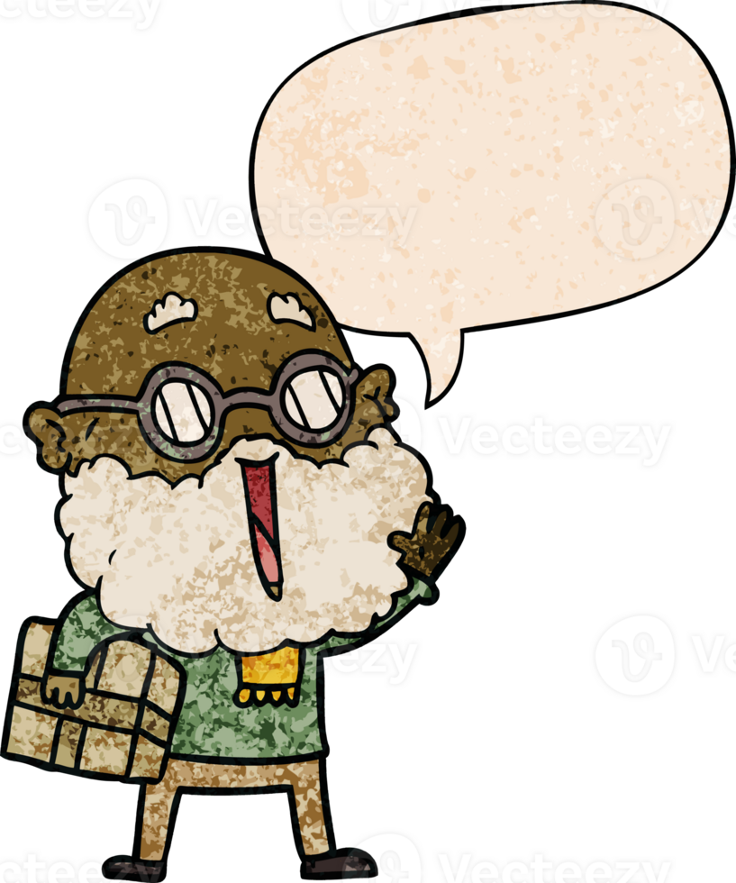 cartoon joyful man with beard and parcel under arm with speech bubble in retro texture style png