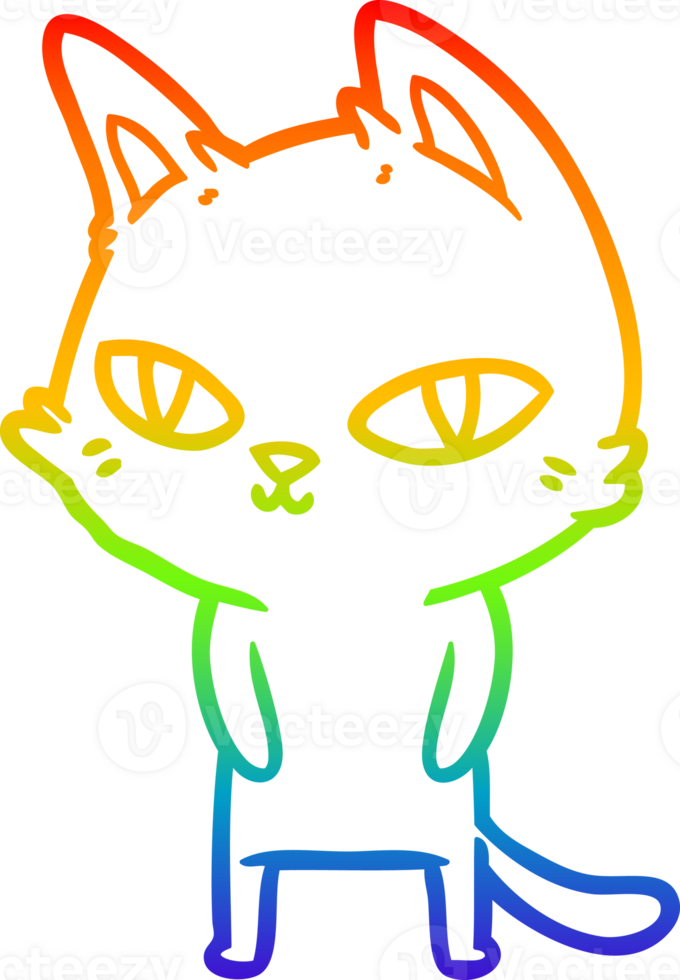 rainbow gradient line drawing of a cartoon cat with bright eyes png