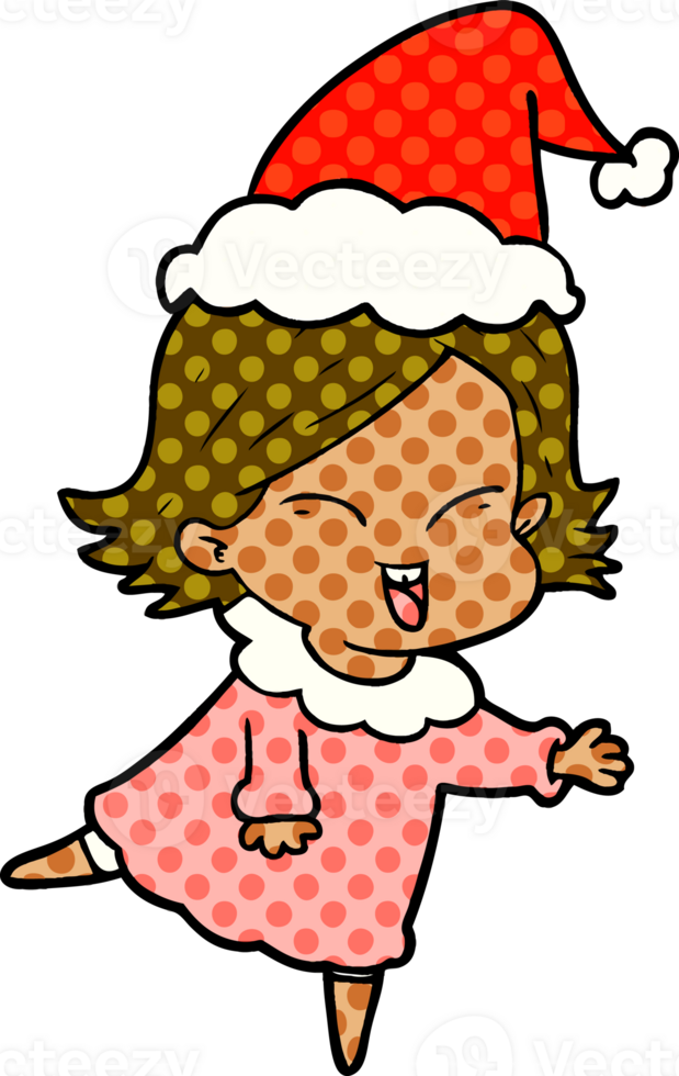 happy hand drawn comic book style illustration of a girl wearing santa hat png