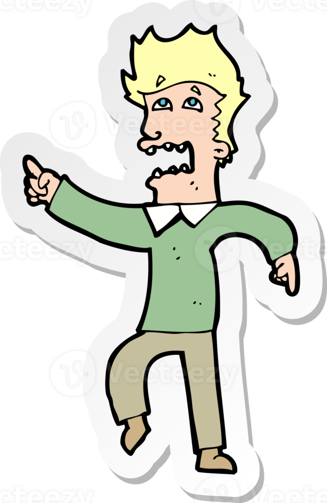 sticker of a cartoon frightened man pointing png