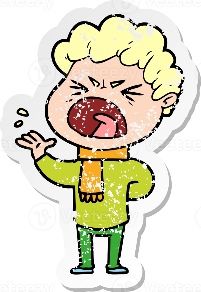distressed sticker of a cartoon furious man png