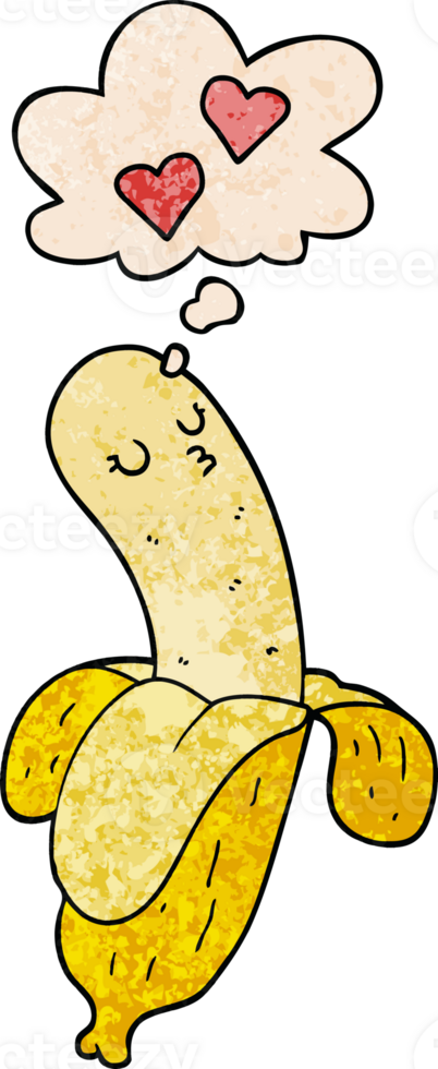cartoon banana in love with thought bubble in grunge texture style png