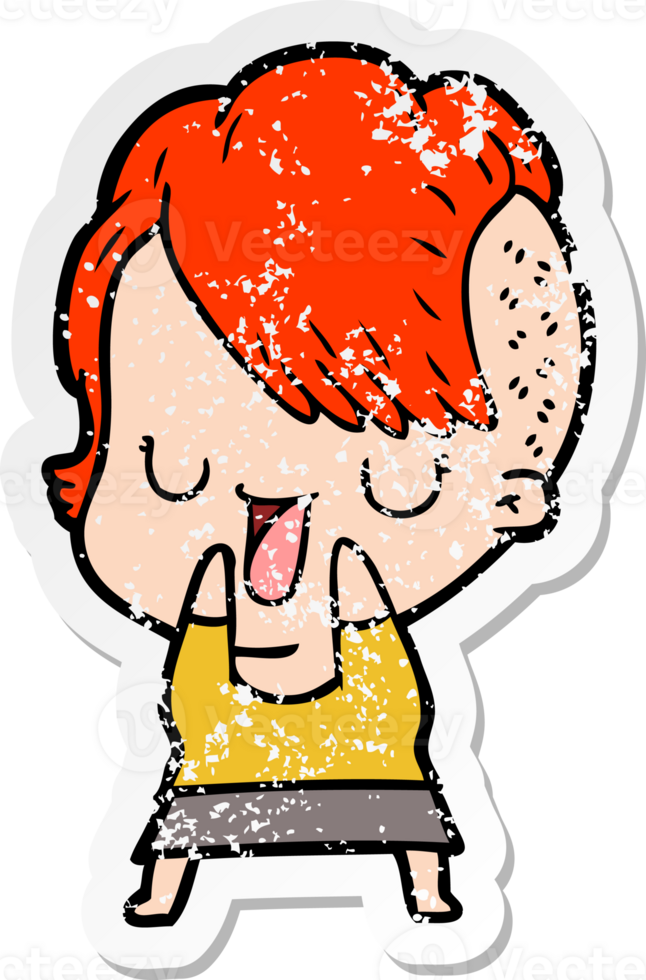 distressed sticker of a cute cartoon girl with hipster haircut png