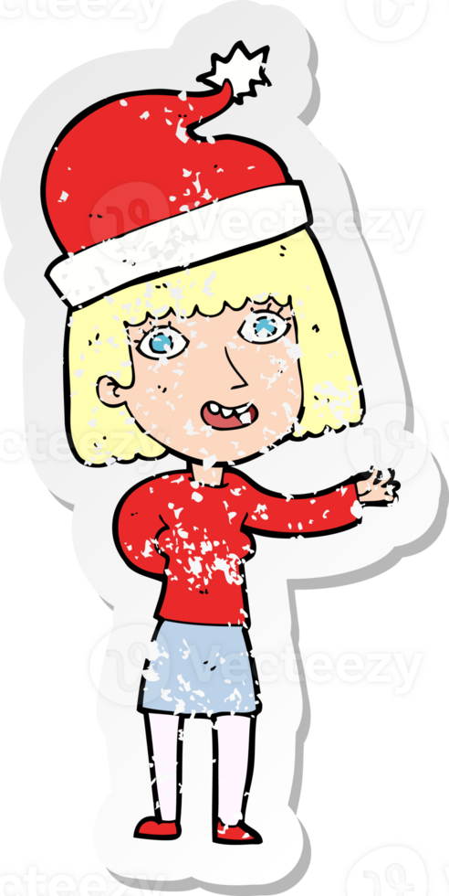 retro distressed sticker of a cartoon woman ready for christmas png