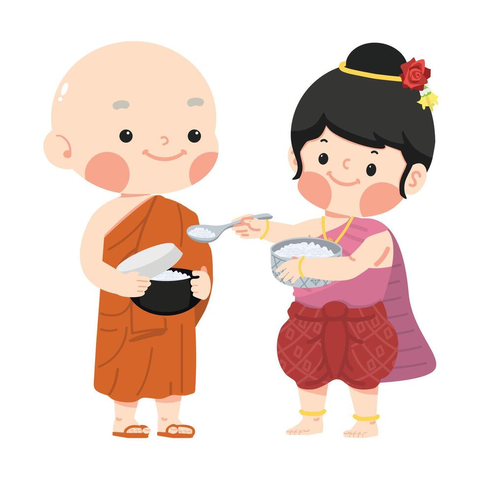 women in Thai dress make merit offer food with monk vector