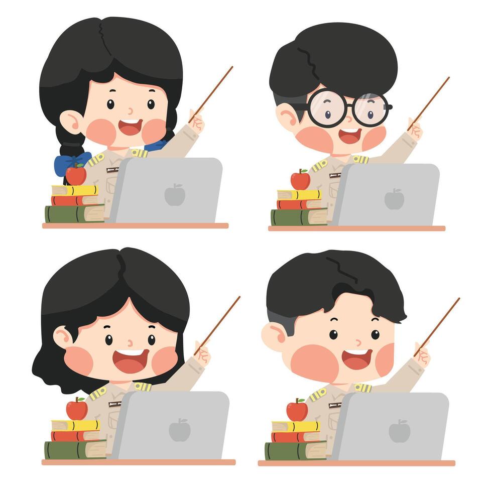 Kid Thai Teacher teaching with Computers set vector