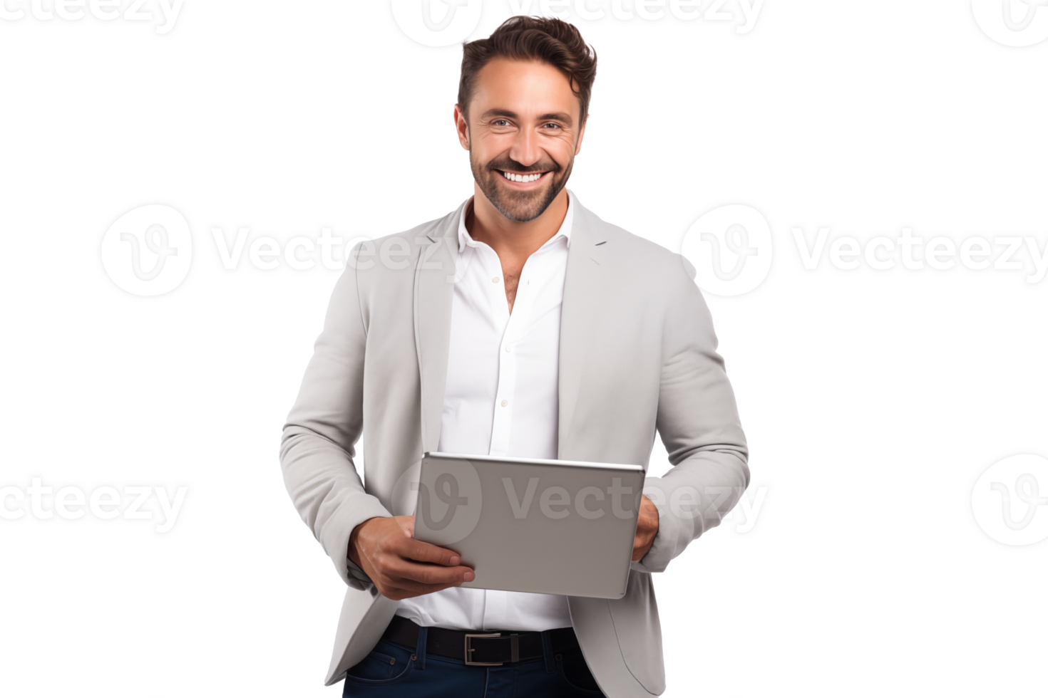 Attractive smiling man working on tablet on transparent background png