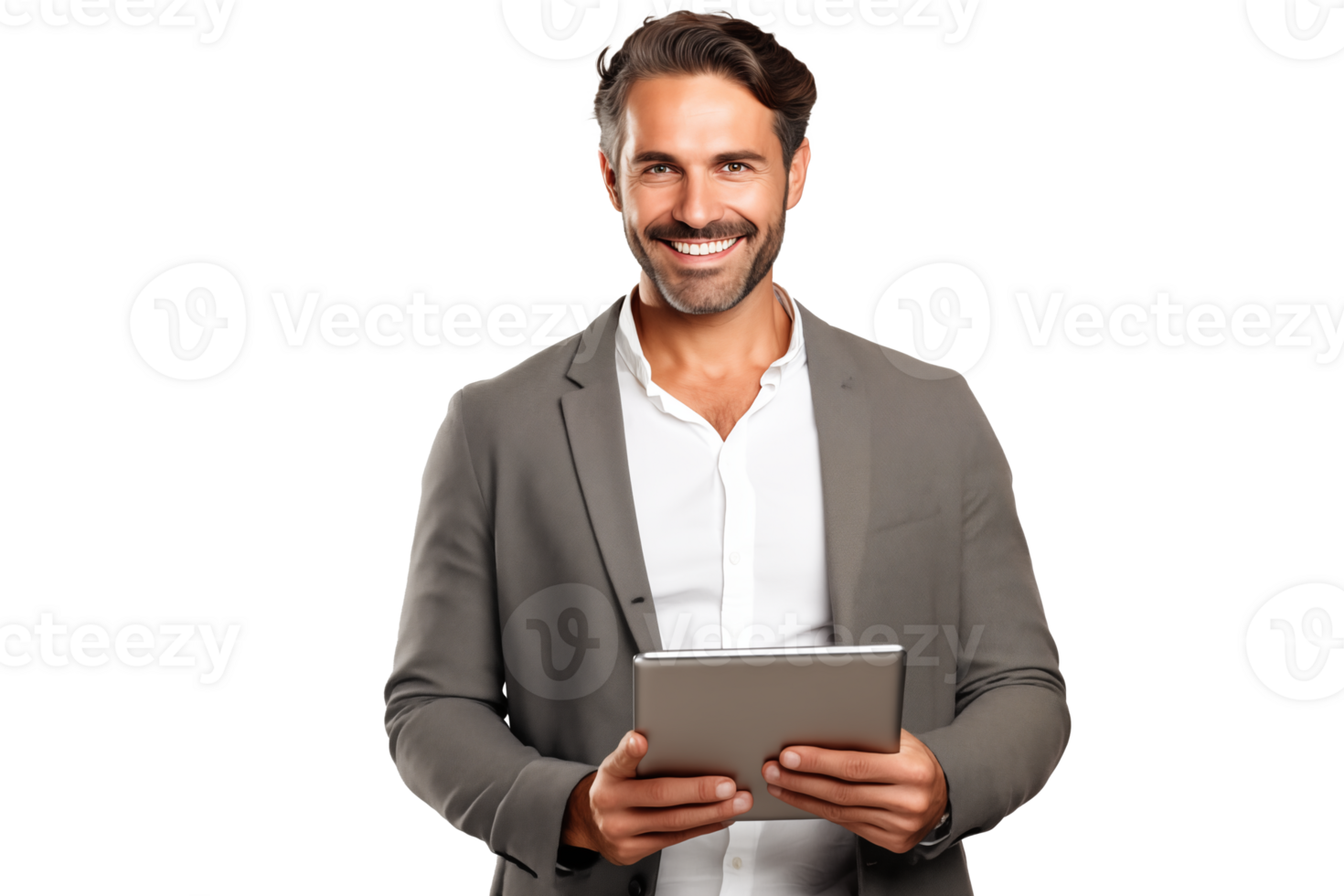 Attractive smiling man working on tablet on transparent background png