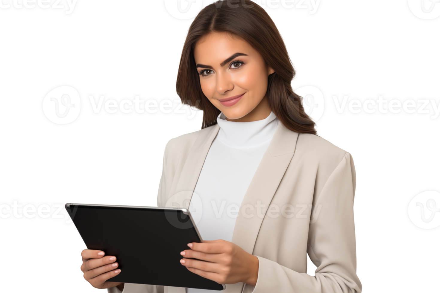 Attractive smiling girl working on a tablet on a transparent background png