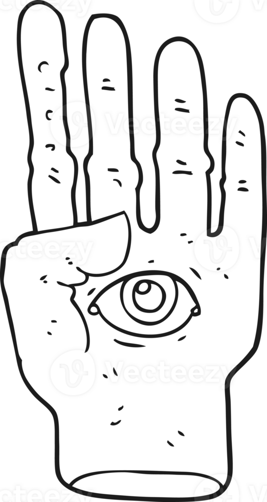 hand drawn black and white cartoon spooky hand with eyeball png