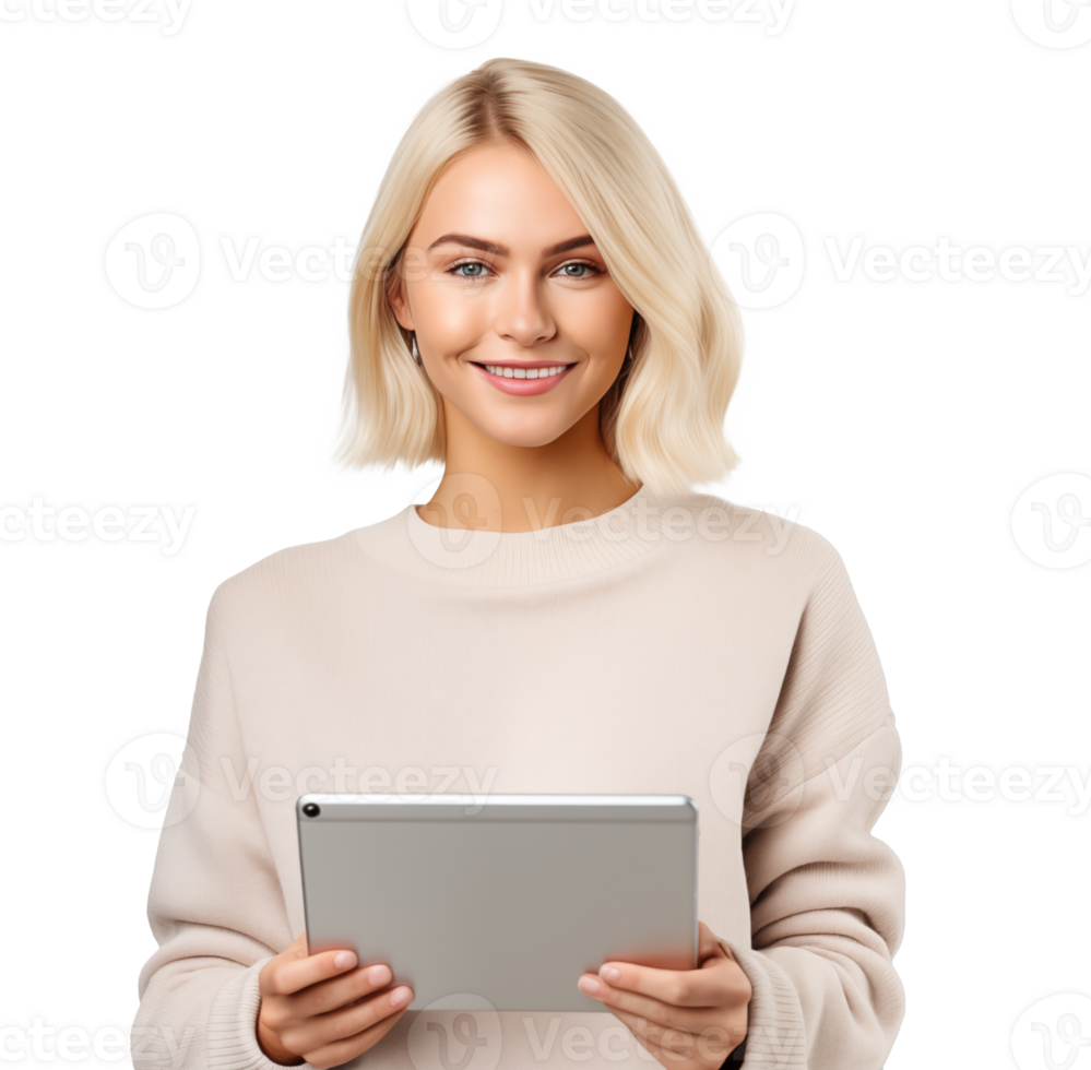 Attractive smiling girl working on a tablet on a transparent background png