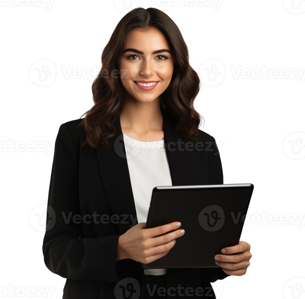 Attractive smiling girl working on a tablet on a transparent background png