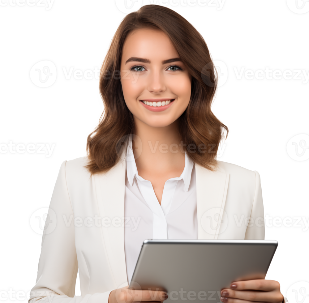 Attractive smiling girl working on a tablet on a transparent background png