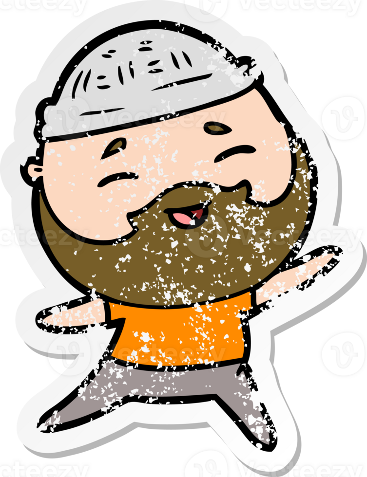 distressed sticker of a cartoon happy bearded man png