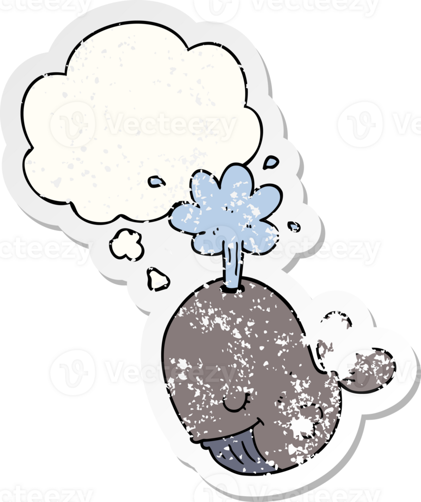 cartoon spouting whale with thought bubble as a distressed worn sticker png