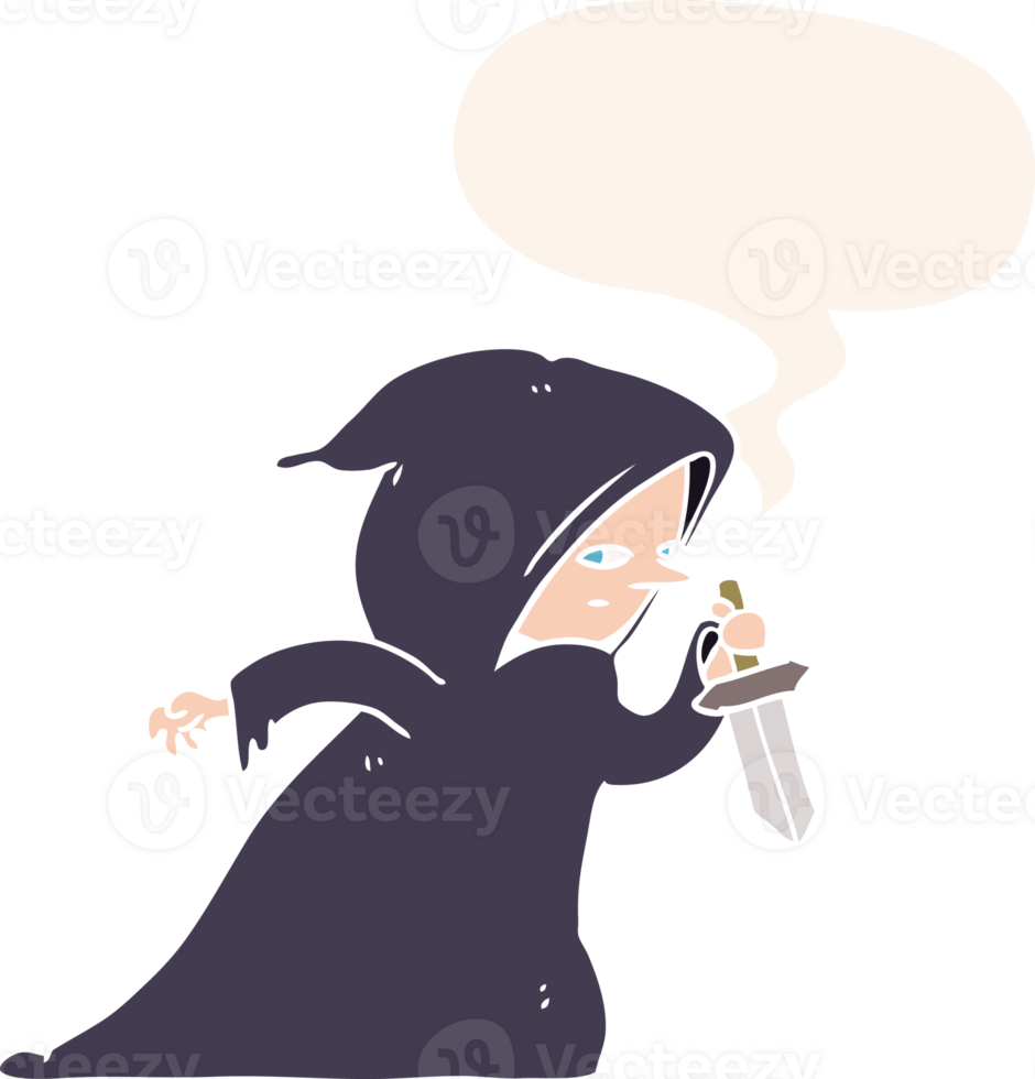 cartoon assassin in dark robe with speech bubble in retro style png