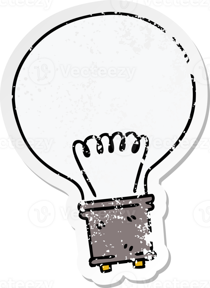 distressed sticker of a quirky hand drawn cartoon light bulb png