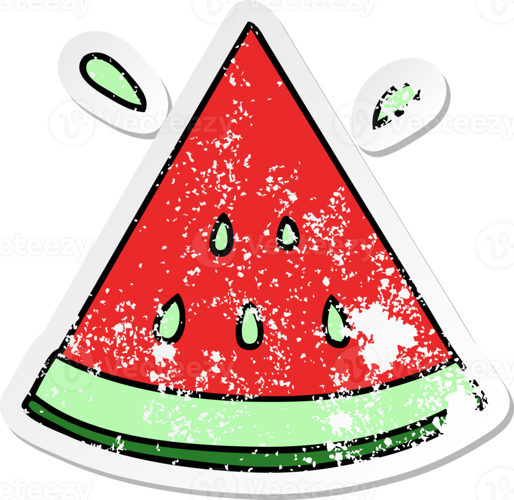 distressed sticker of a quirky hand drawn cartoon watermelon png