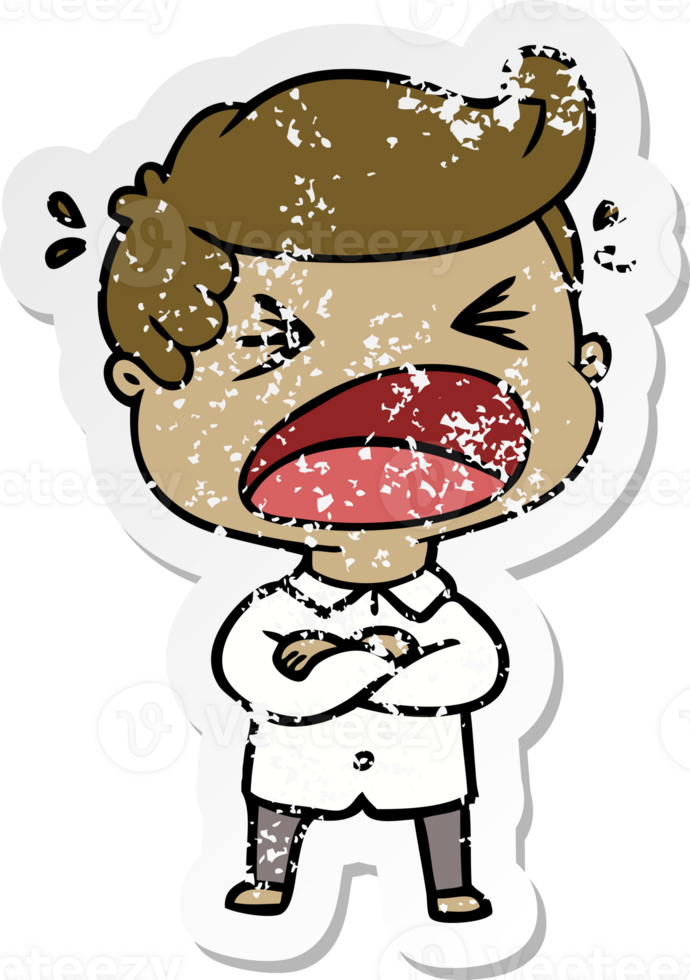 distressed sticker of a cartoon shouting man png