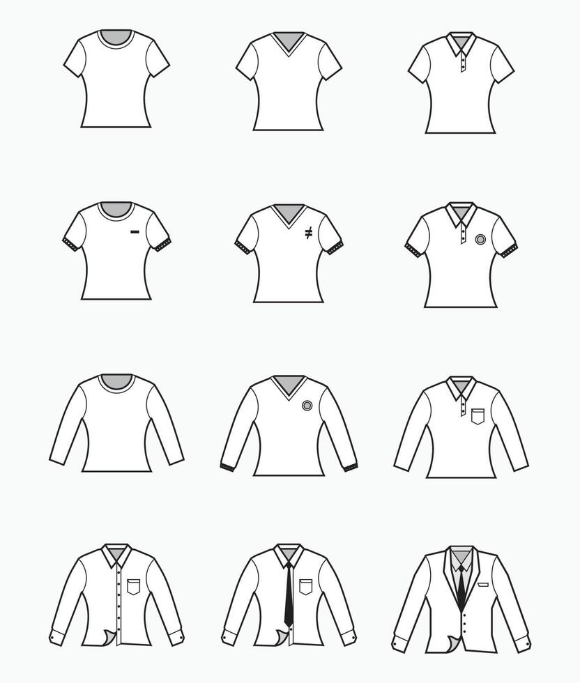 white t-shirt, polo shirt, collared formal cloth, tuxedo icon - slim fit or woman shirt - for production clothing, advertisement, apparel textile use vector