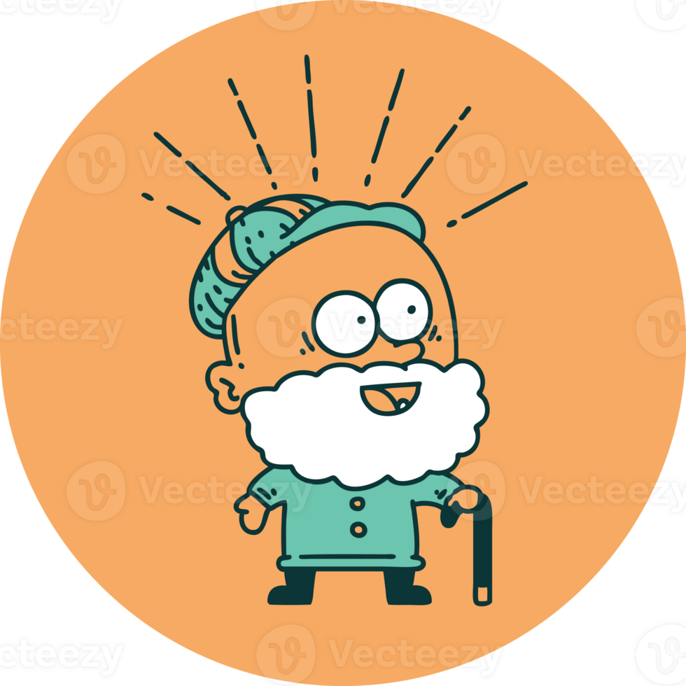 icon of a tattoo style happy old man with walking stick png