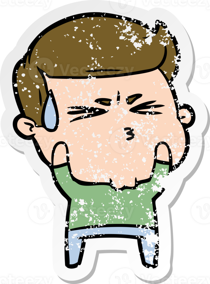 distressed sticker of a cartoon frustrated man png