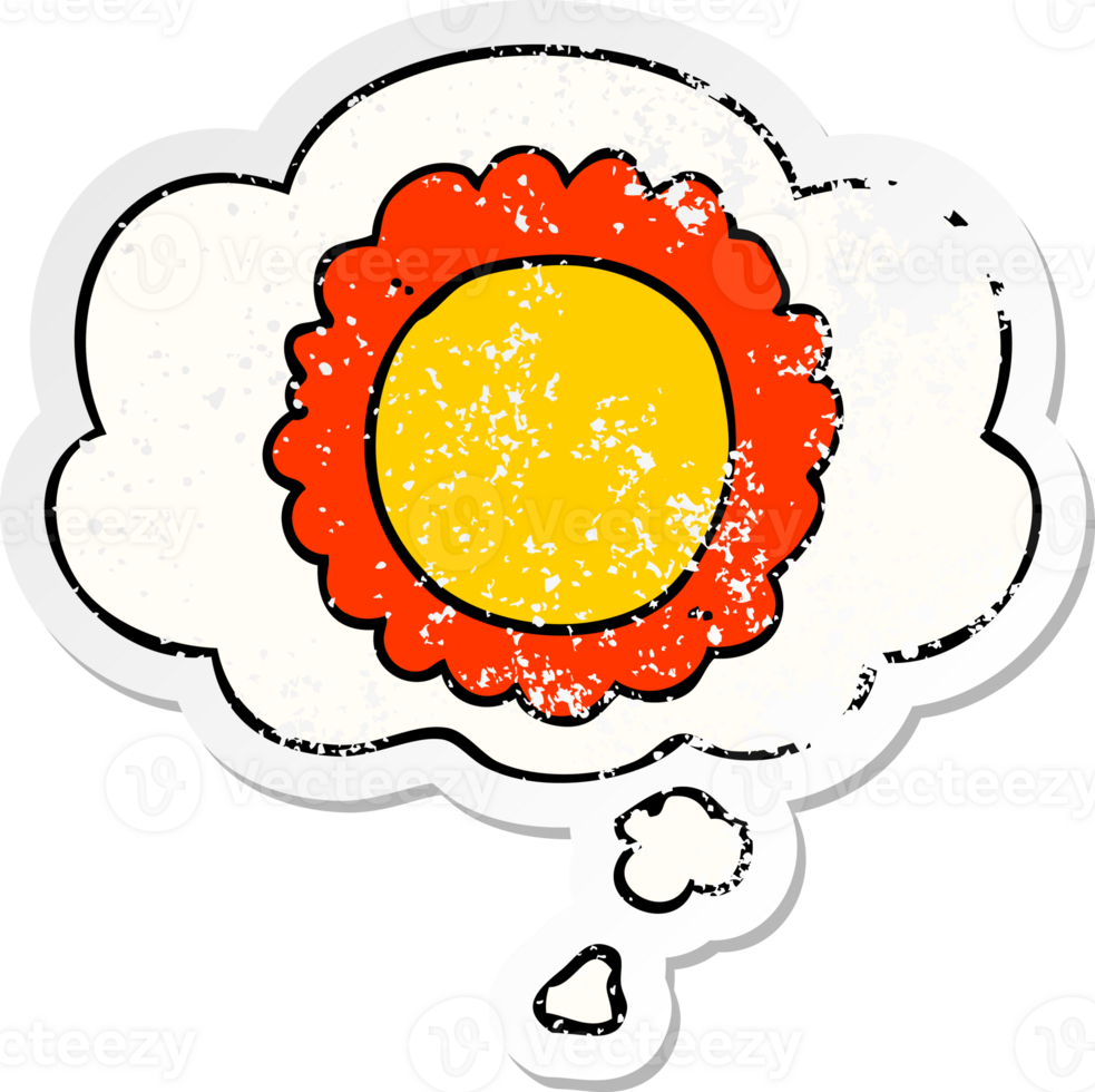 cartoon flower with thought bubble as a distressed worn sticker png