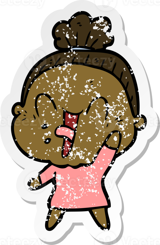 distressed sticker of a cartoon happy old woman png