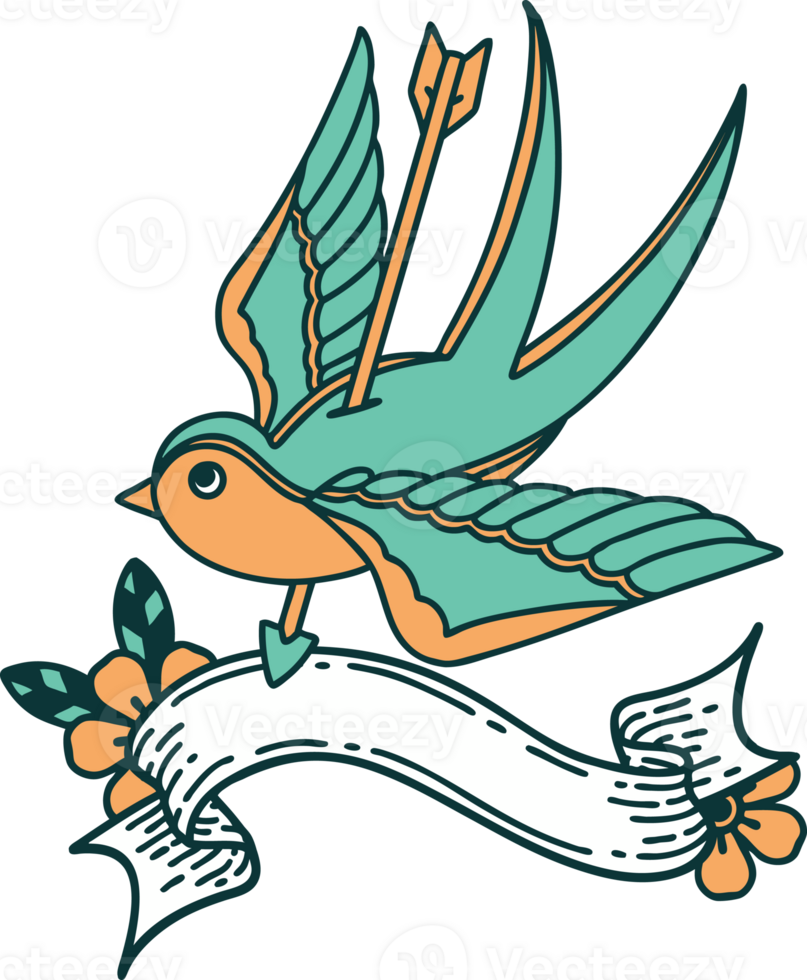 traditional tattoo with banner of a swallow pierced by arrow png