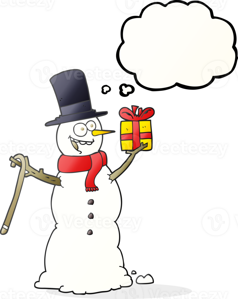 hand drawn thought bubble cartoon snowman holding present png