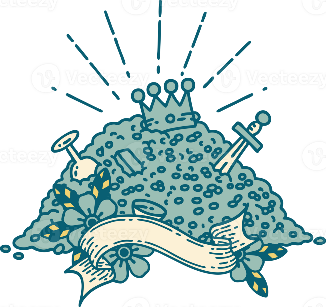 scroll banner with tattoo style pile of gold png