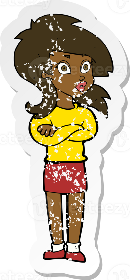 retro distressed sticker of a cartoon woman with folded arms png