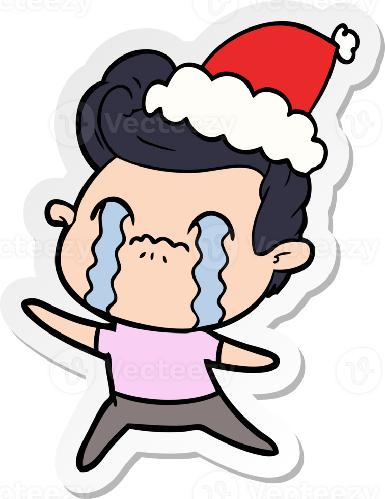 hand drawn sticker cartoon of a man crying wearing santa hat png