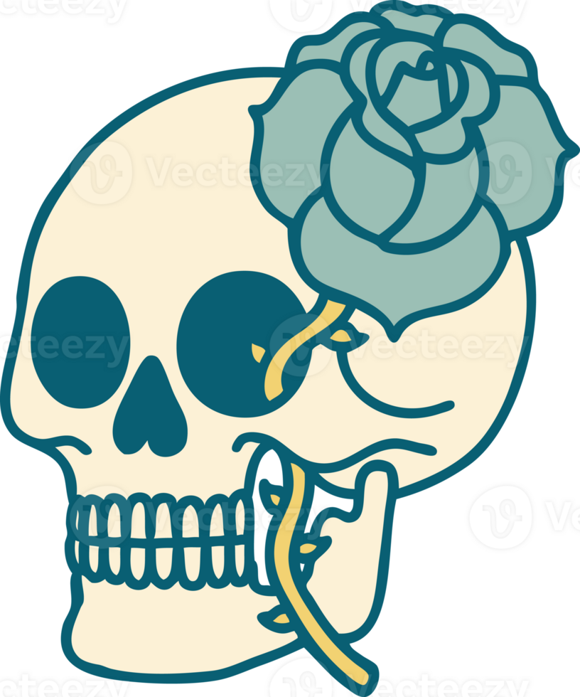 iconic tattoo style image of a skull and rose png