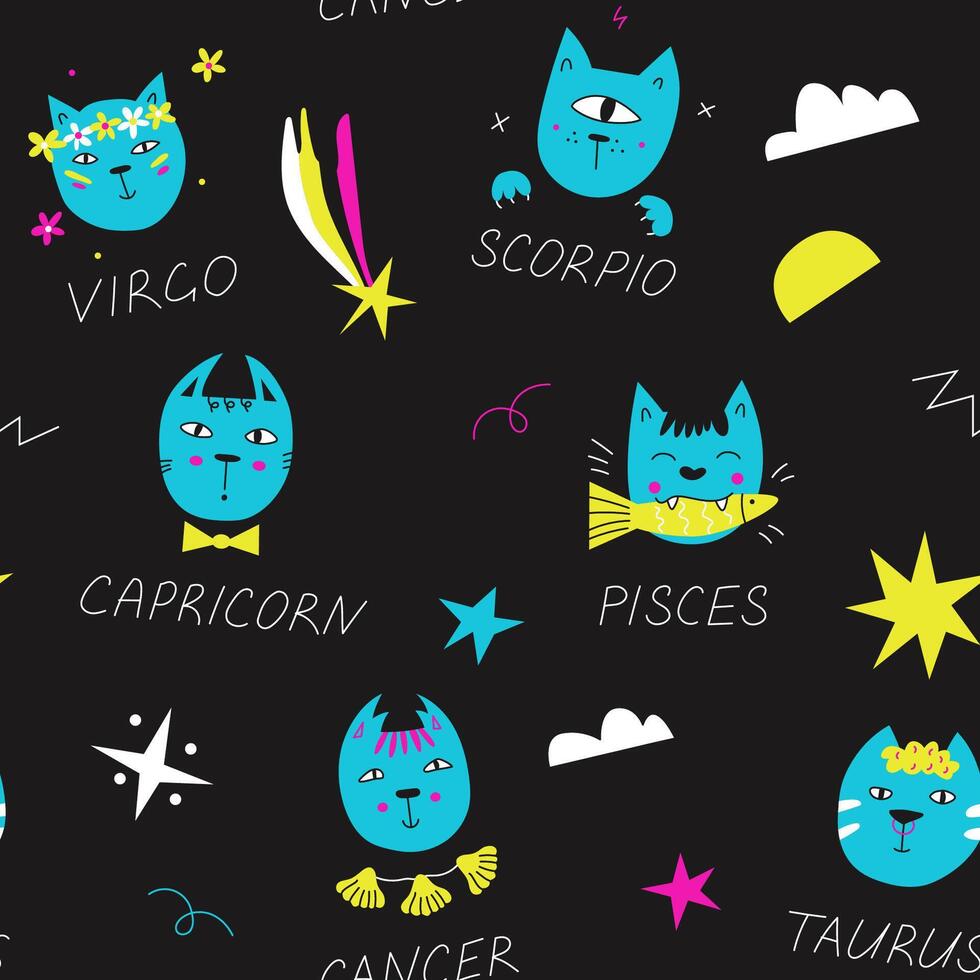 Pattern with hand drawn cat zodiac signs vector