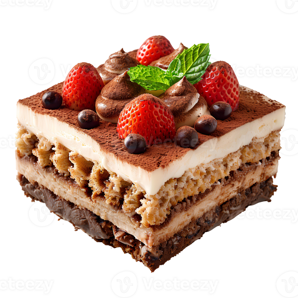 Tiramisu cake. Italian pastry tiramisu with bananas, cacao and cream isolated. Tiramisu flat lay png