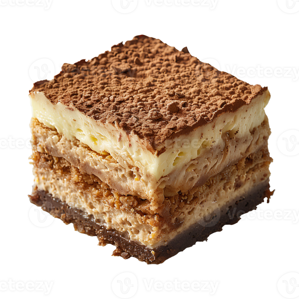 Tiramisu cake. Italian pastry tiramisu with bananas, cacao and cream isolated. Tiramisu flat lay png