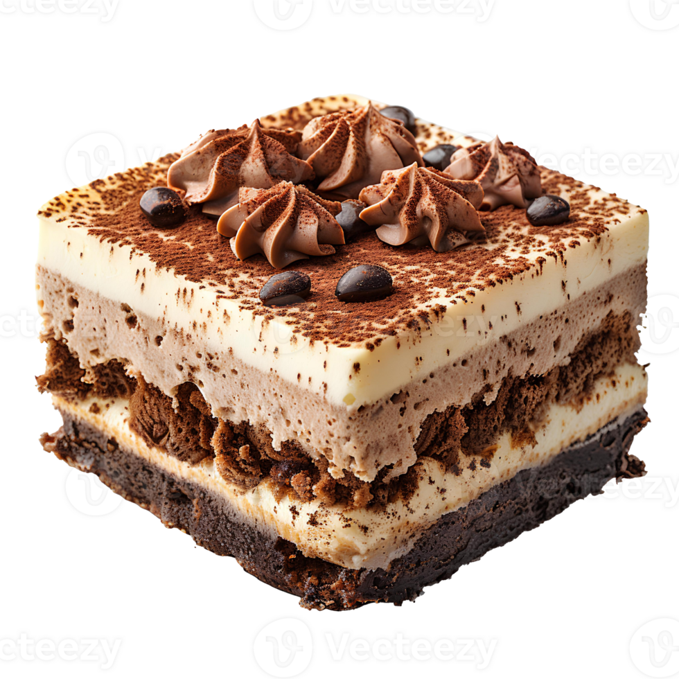 Tiramisu cake. Italian pastry tiramisu with bananas, cacao and cream isolated. Tiramisu flat lay png