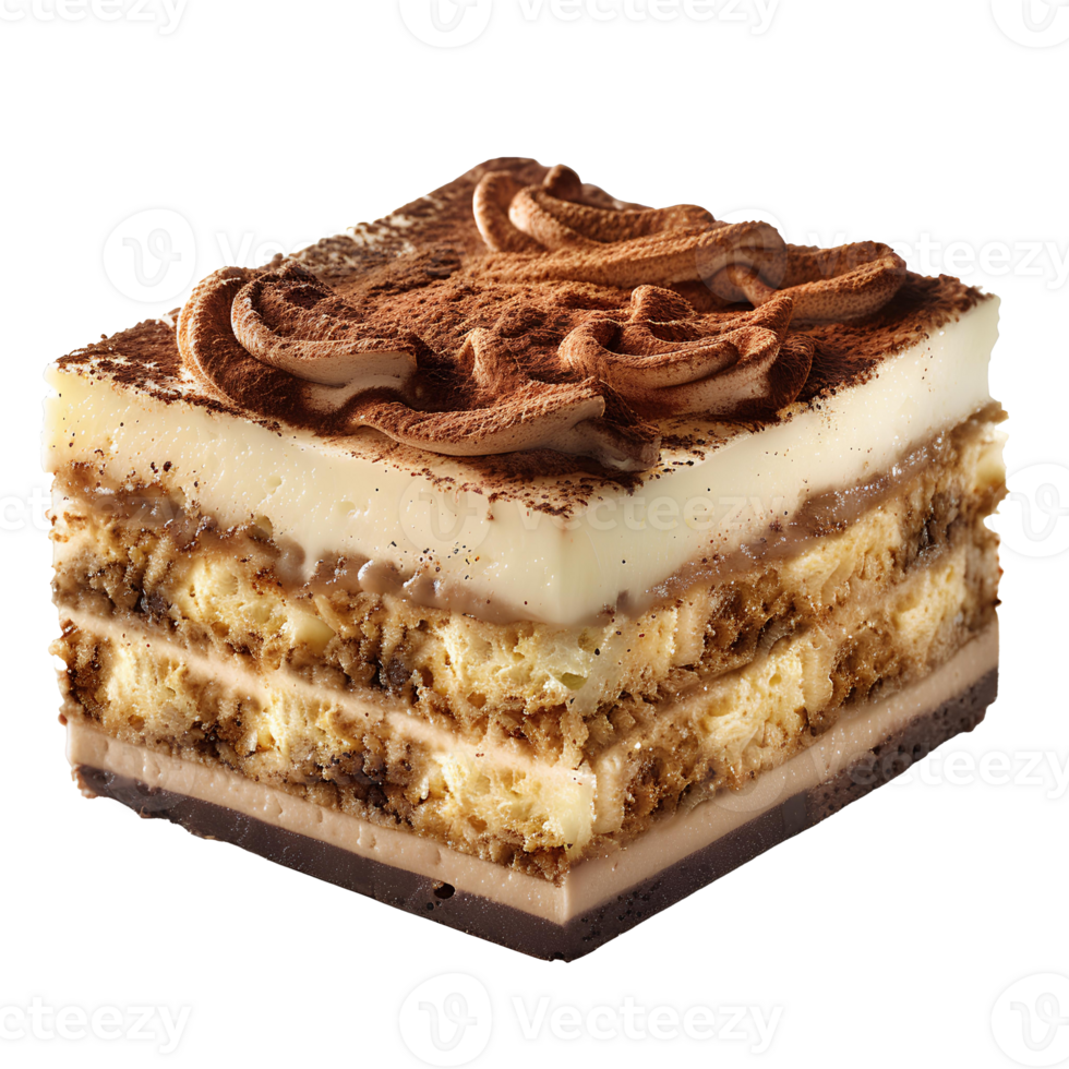 Tiramisu cake. Italian pastry tiramisu with bananas, cacao and cream isolated. Tiramisu flat lay png