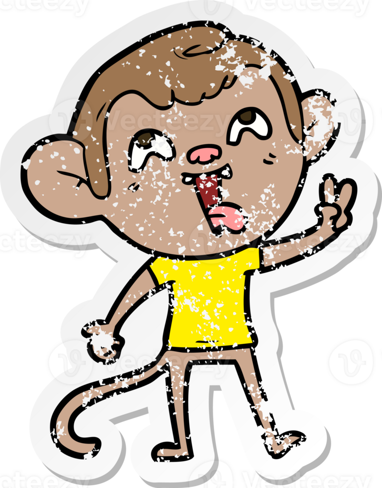 distressed sticker of a crazy cartoon monkey giving peace sign png