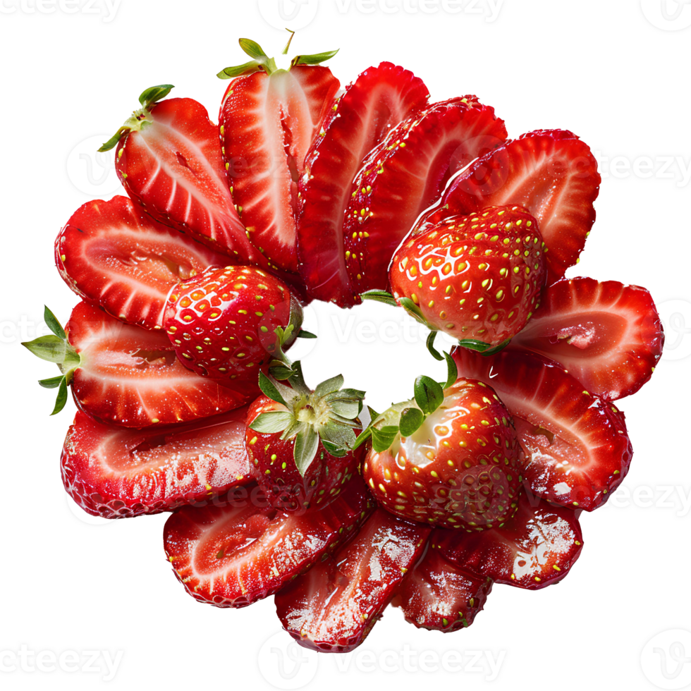Strawberry. Fresh ripe strawberry fruit top view. Strawberry flat lay isolated. Strawberry slice. Organic fruit of strawberry isolated png