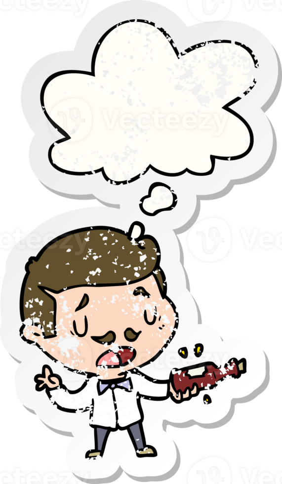 cartoon wine expert with thought bubble as a distressed worn sticker png