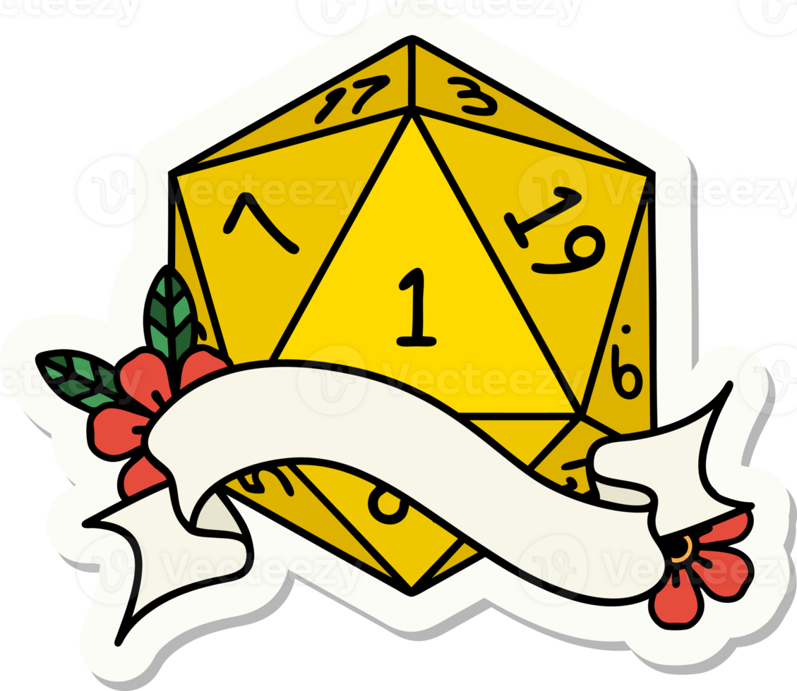 sticker of a natural one d20 dice roll png