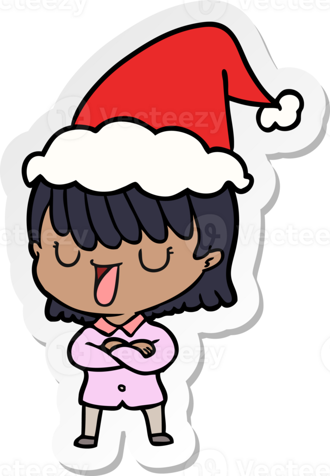 hand drawn sticker cartoon of a woman wearing santa hat png